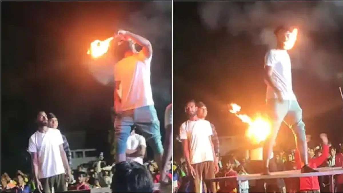 Viral Video : నిప్పుతో చెలగాటమా.. ఊహించని పరిణామంతో విలవిలలాడిన యువకుడు.. వీడియో వైరల్.. Viral Video youth tried fire stunt but it failed