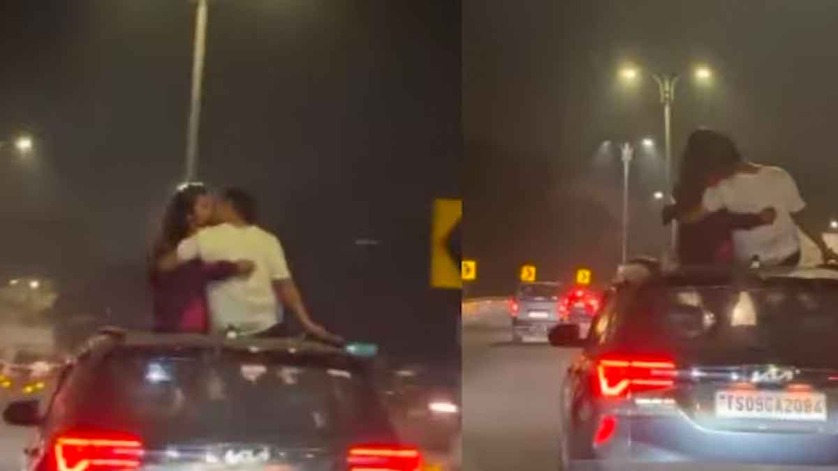 Hyderabad Couple : హైదరాబాద్లో రెచ్చిపోయిన ప్రేమ జంట.. కారుపై కూర్చొని తెగ ముద్దులు Hyderabad Couple creates nuisance on road